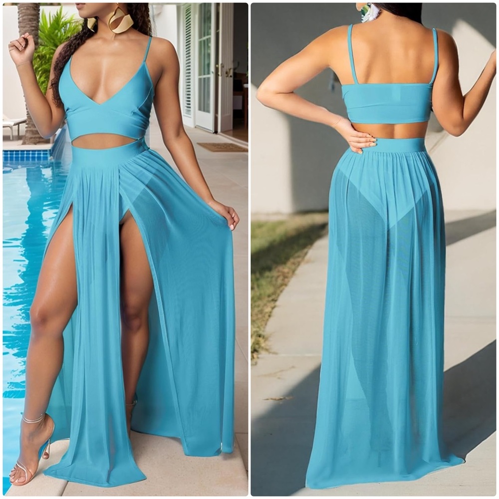 Two Piece V-Cut Crop Top Maxi Chiffon Skirt Set Beachwear Cover Up Blue Size M